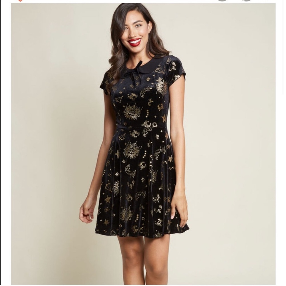ModCloth X Collectif zodiac celestial velvet navy sky dress size L UK14